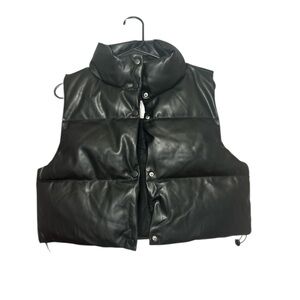 Simply Southern Cropped Button Down Faux Leather Black Charcoal Puffer Vest XXL